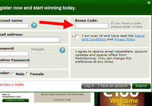 Hier fügt man den Party Poker Bonuscode ein.